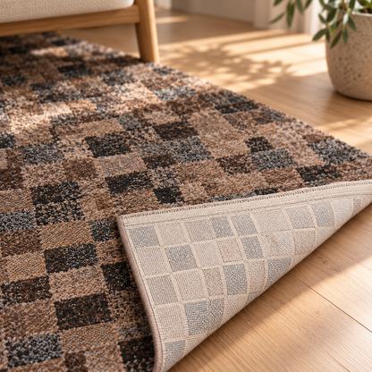 Tapis Azul Noisette à damier brun et taupe