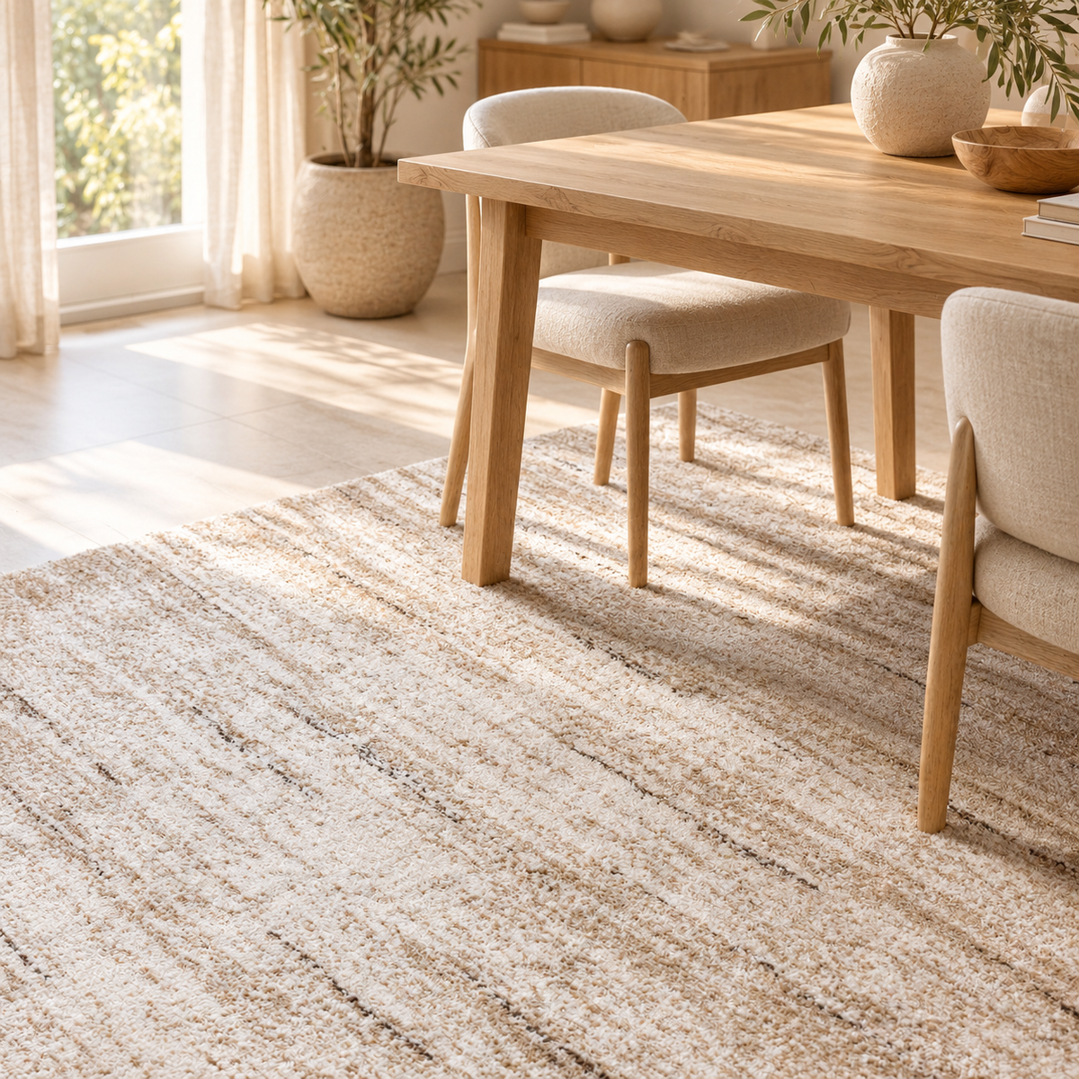 Tapis Tilda Naturel rayé chiné sable et ivoire