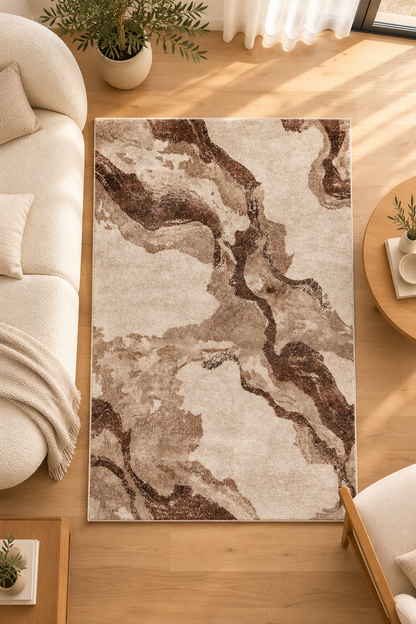 Tapis Thea Naturel effet marbre ivoire et brun