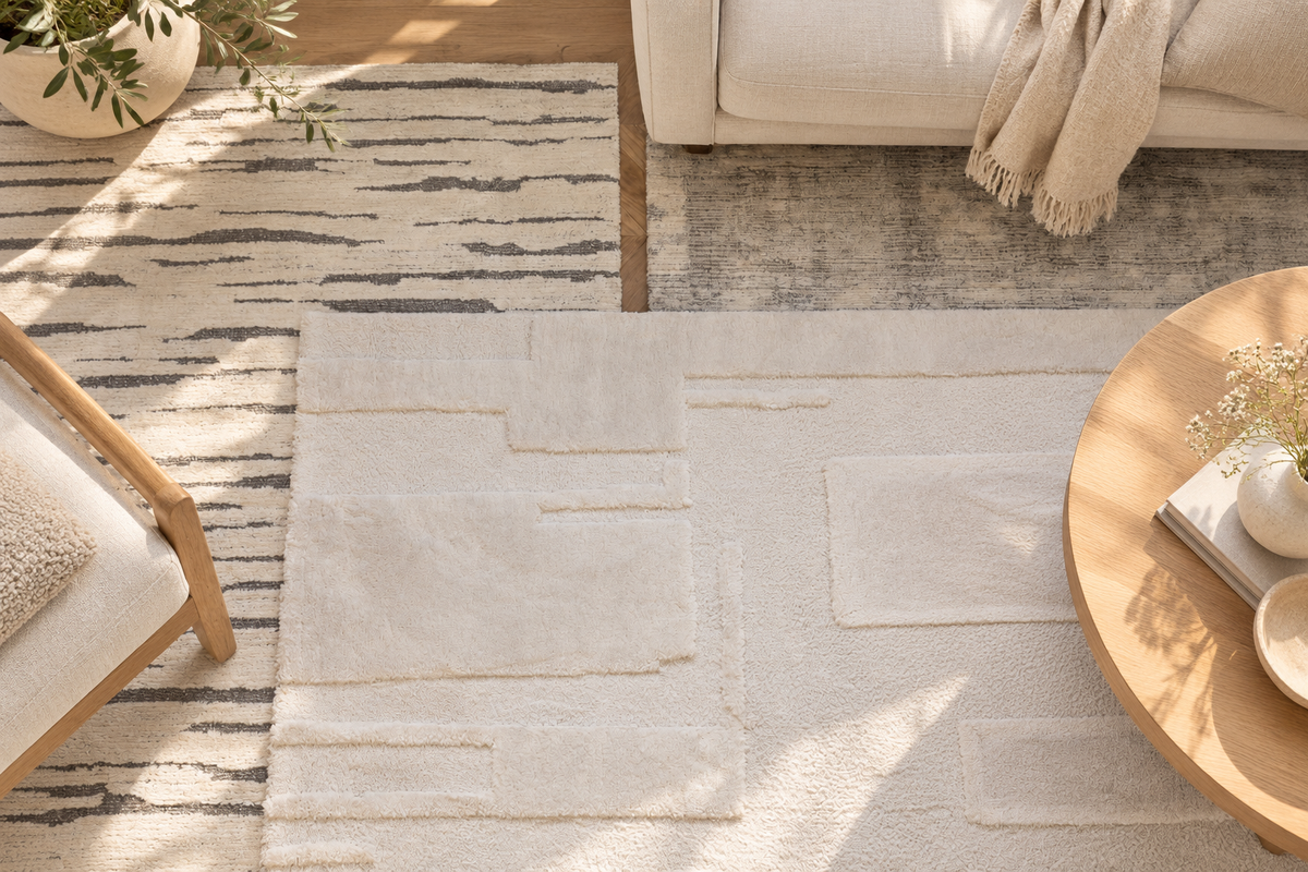 Tapis Louka Ivoire à motif patchwork en relief