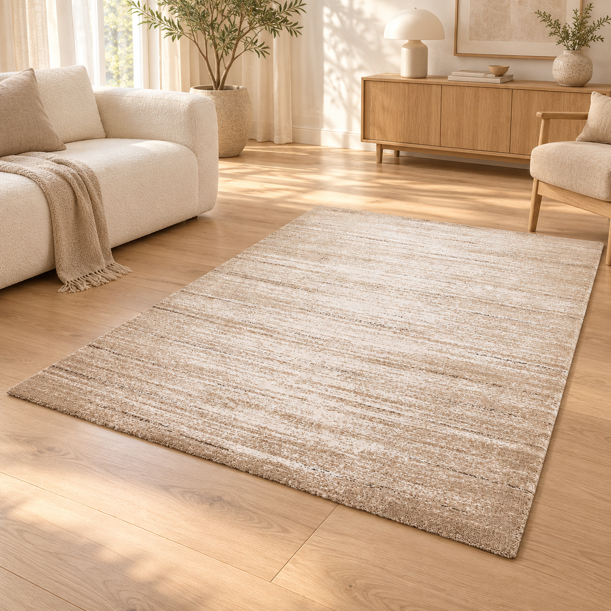 Tapis Tilda Naturel rayé chiné sable et ivoire