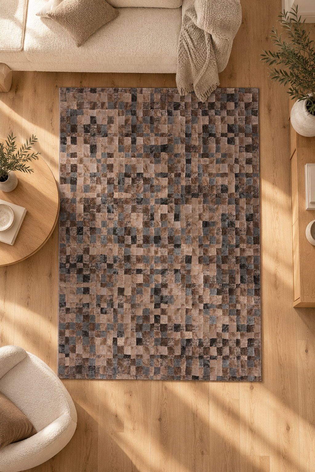 Tapis Azul Noisette à damier brun et taupe