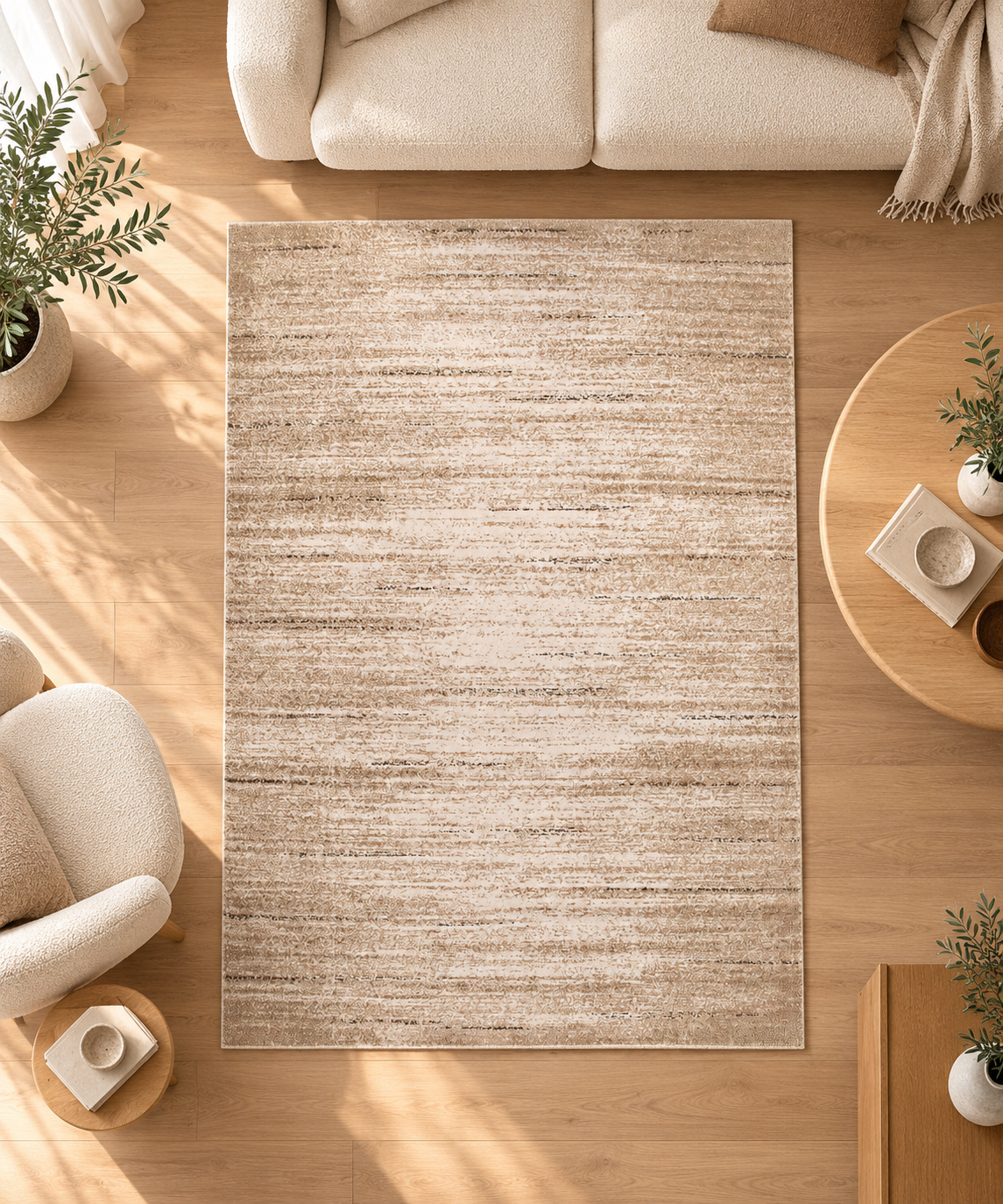 Tapis Tilda Naturel rayé chiné sable et ivoire