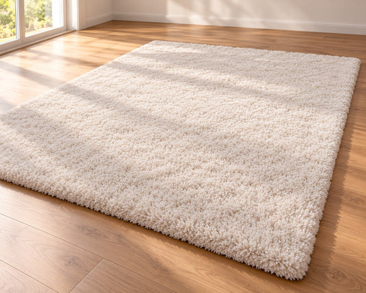 Tapis Gala Neige blanc à poils longs posé sur un parquet clair