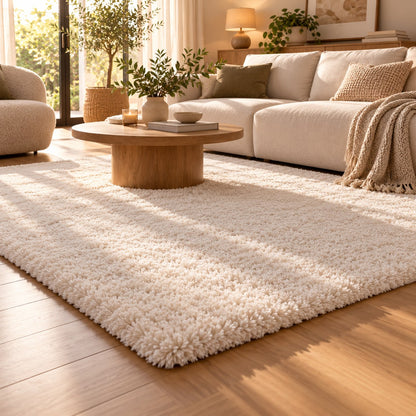 Tapis Gala Neige sous une table basse ronde dans un salon beige