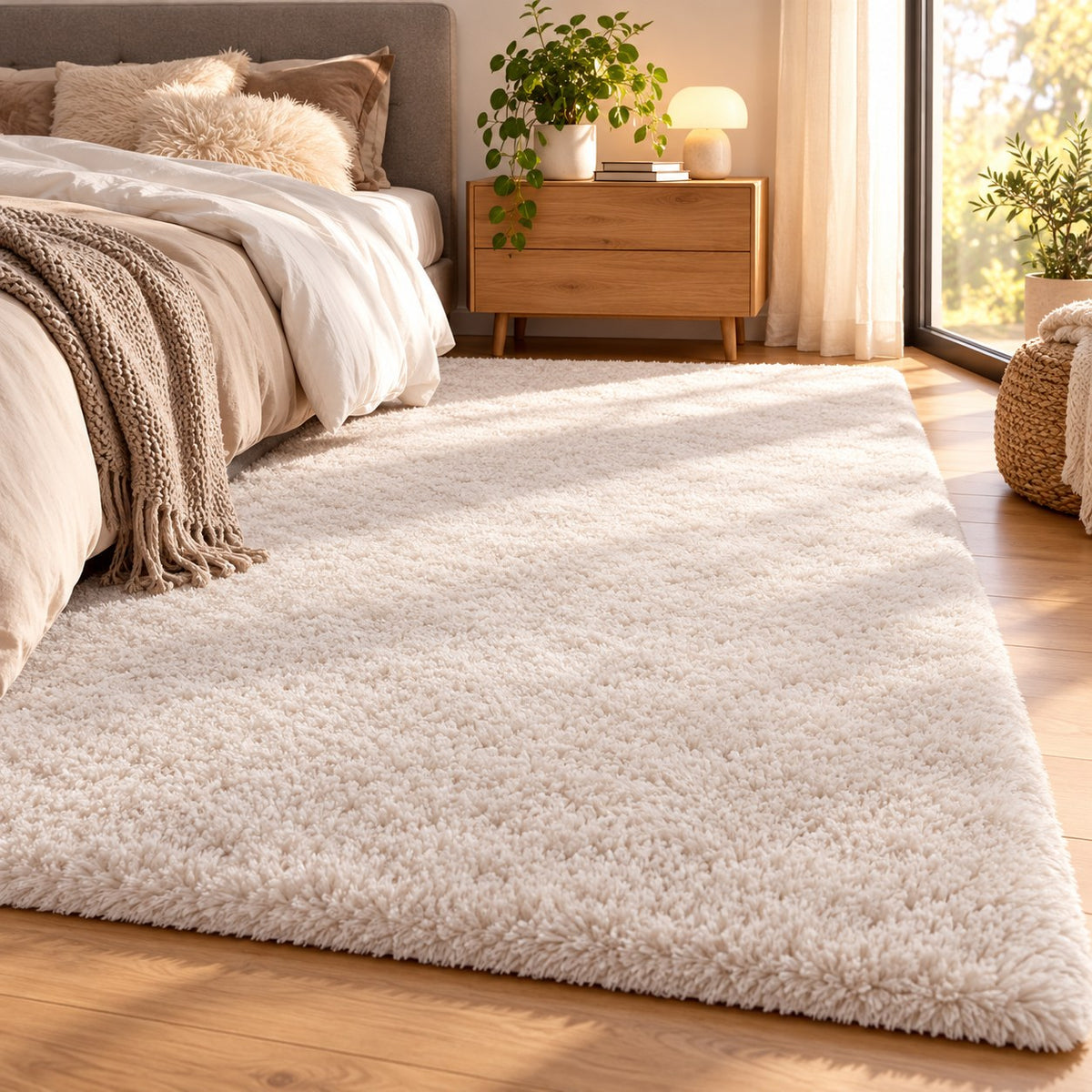 Tapis Gala Neige au pied d’un lit dans une chambre lumineuse