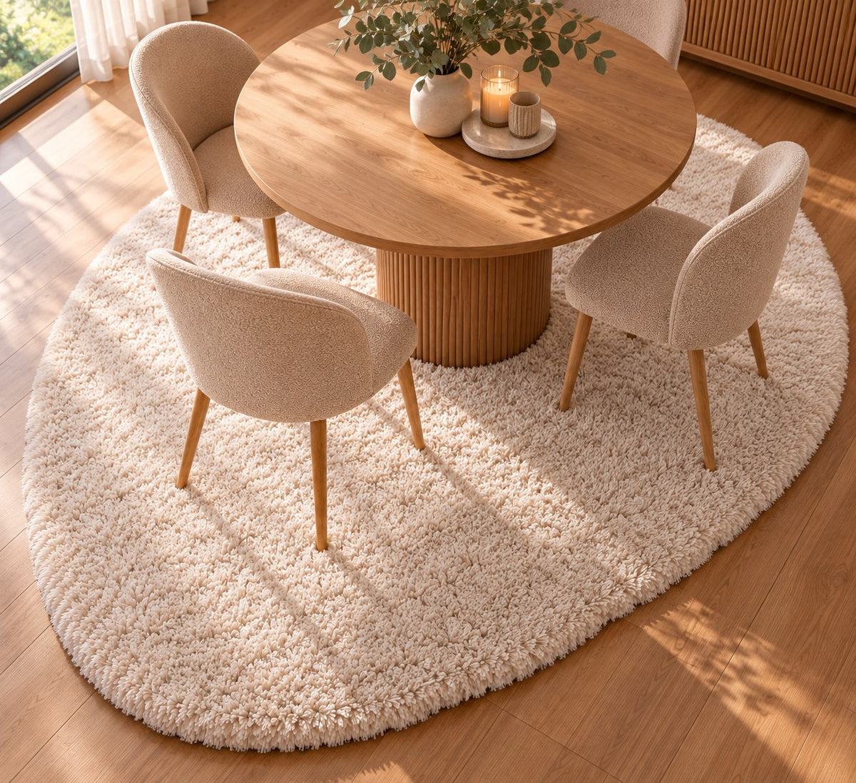 Vue de dessus du tapis Galet Neige sous une table ronde et ses chaises