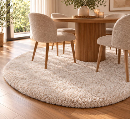 Tapis Galet Neige dans une salle à manger avec table ronde en bois