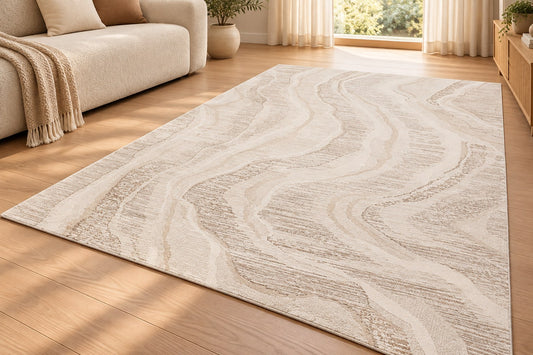 Tapis Kalio ivoire et beige à vagues en relief dans un salon