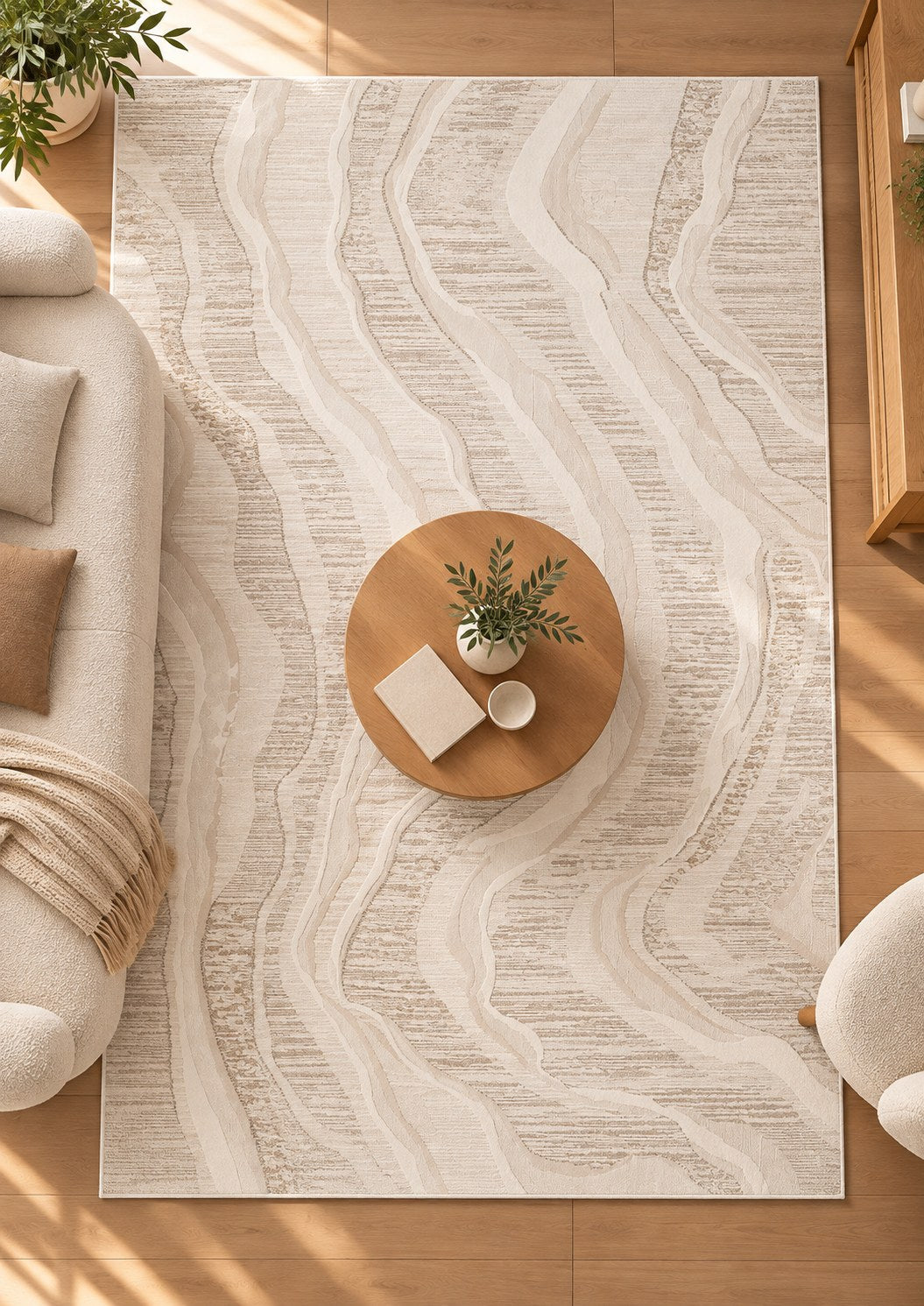 Vue de dessus du tapis Kalio avec table basse ronde