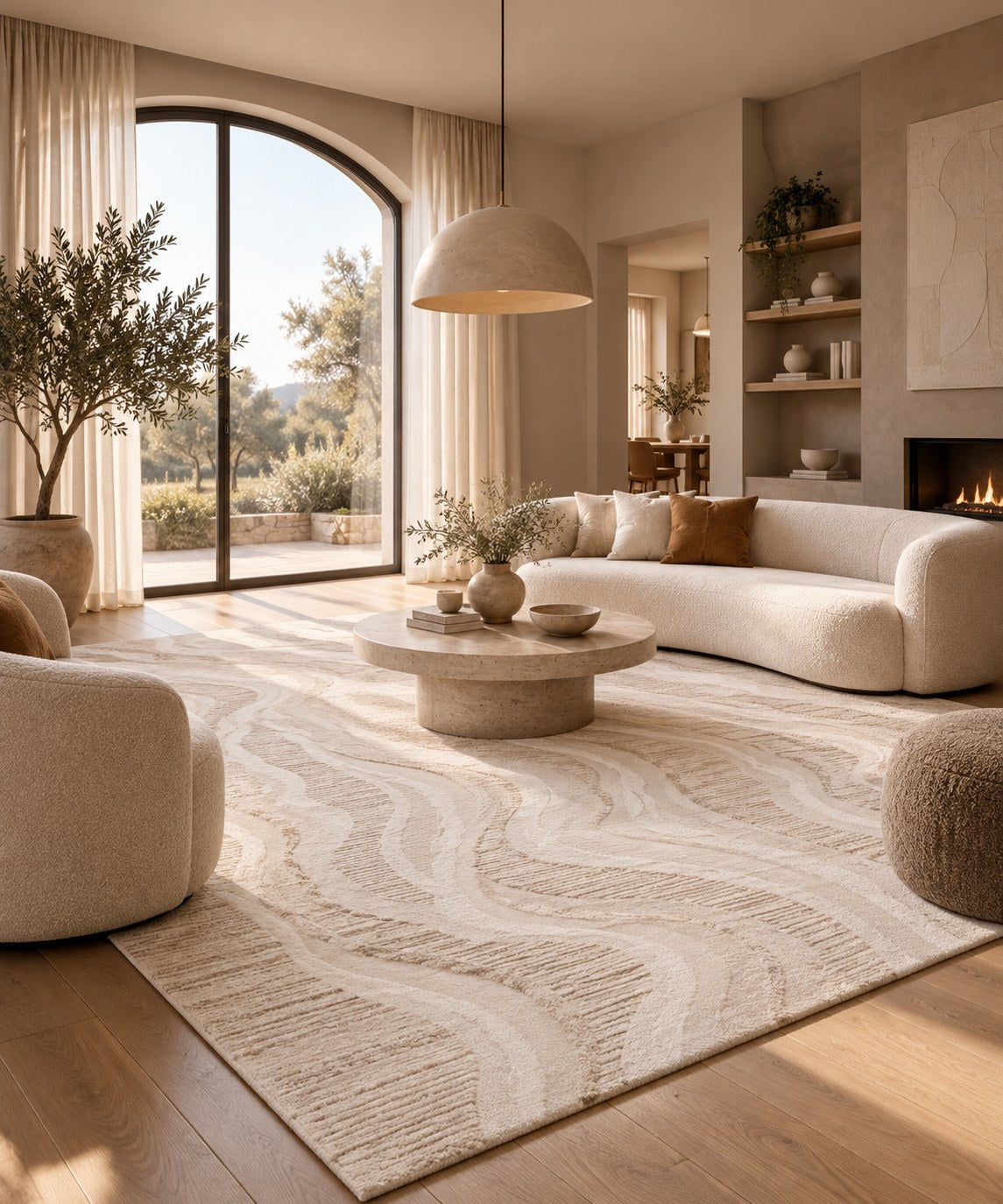 Tapis Kalio dans un grand salon lumineux aux tons naturels