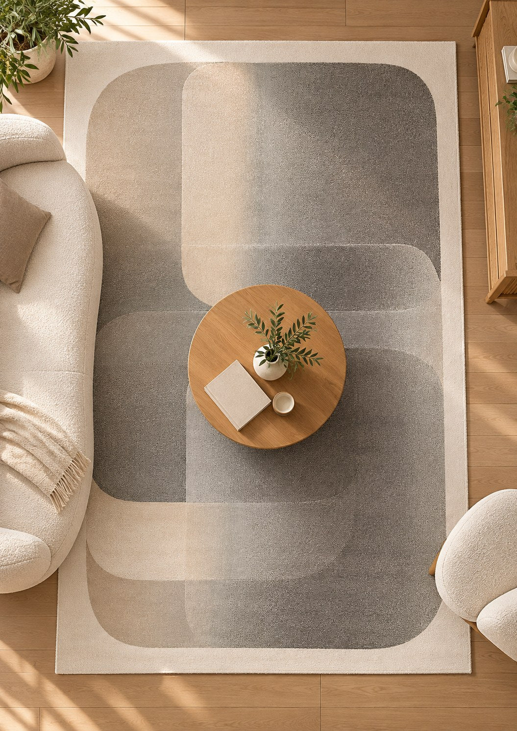 Vue de dessus du tapis Solveig avec table basse ronde