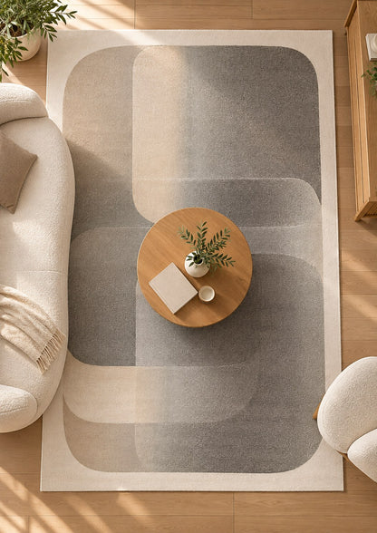 Vue de dessus du tapis Solveig avec table basse ronde