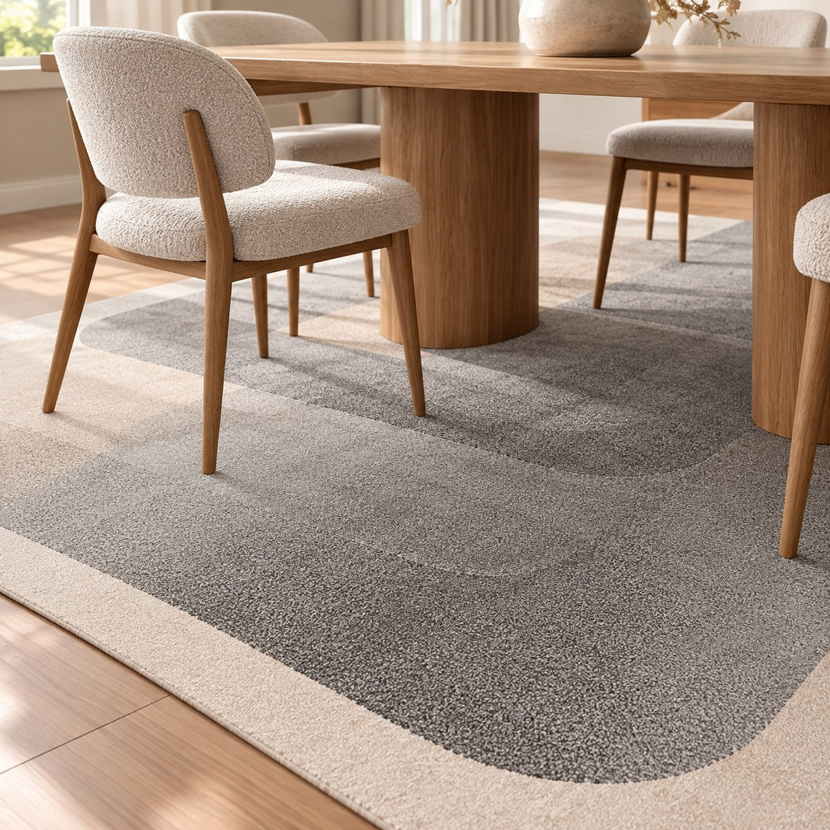 Tapis Solveig sous une table de salle à manger en bois